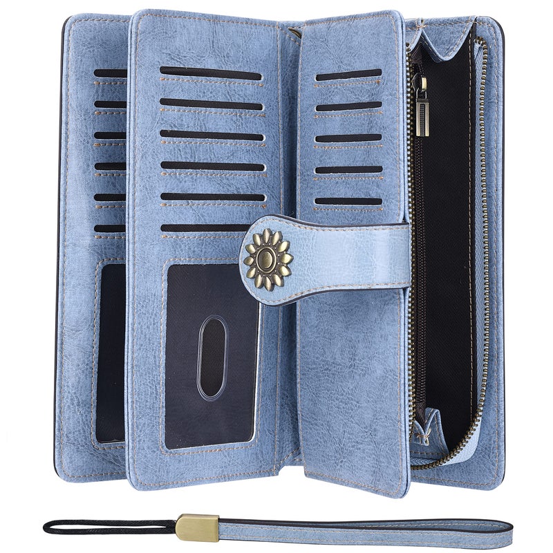 Lavemi Womens Large Capacity Genuine Leather RFID Blocking Wallets Wristlet Clutch Card Holder(1- Light Blue) - Image 3